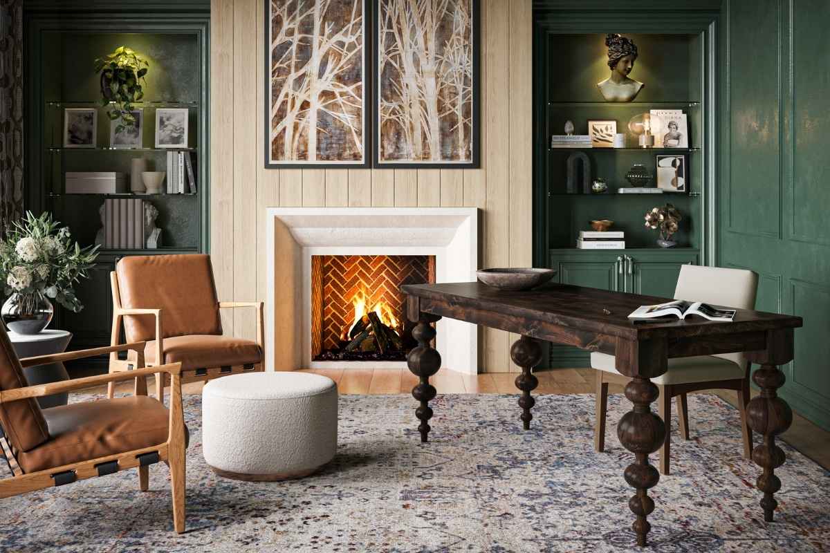 Living room with a solid wood desk, leather chairs, and fireplace, showing balanced use of color and texture in interior decorating.