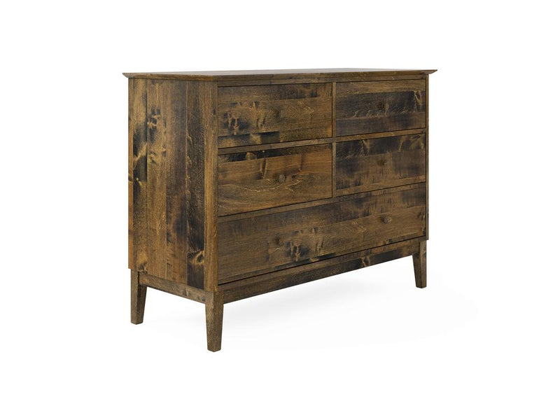 The Bennett 5 Drawer Dresser by James & James exudes vintage charm with its rustic, traditional design. Crafted from solid maple wood, it boasts five drawers and stands on tapered legs, showcasing the natural finish and visible wood grain.