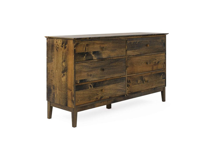 The James & James Bennett 6 Drawer Dresser features a rustic finish and solid maple construction, showcasing six drawers in two columns. It stands on four tapered legs, offering a sleek and minimalist charm.