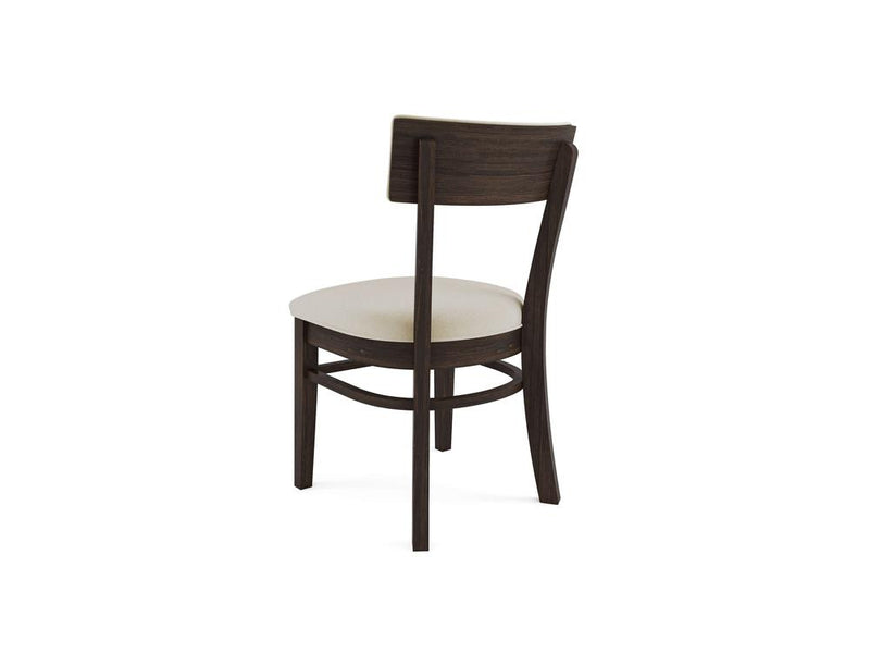 Wooden chair with a dark brown frame and a light beige cushioned seat. The design is simple and modern, featuring a slightly curved backrest. The chair is positioned facing away from the viewer.