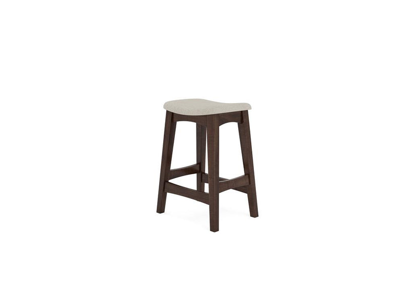 The Weston Upholstered Stool by James & James features a modern wooden design with a curved, light beige upholstered seat, durable hardwood legs, and a footrest. Its minimalist look and contoured seat offer enhanced comfort.