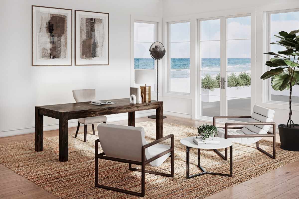 Modern living room with a solid wood dining table and contemporary chairs, showing how natural wood adds warmth and authenticity to interior design.  