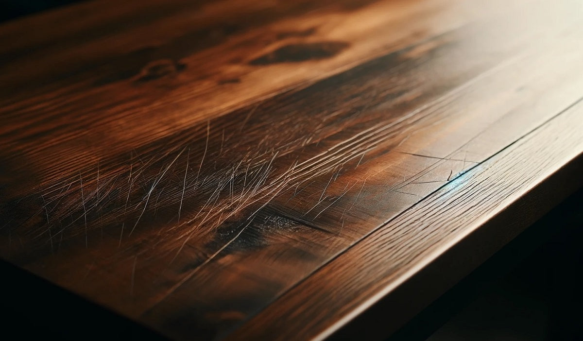 Close-up of scratches on a solid wood table surface, featured in James & James Furniture’s guide on how to fix wood table damage.  