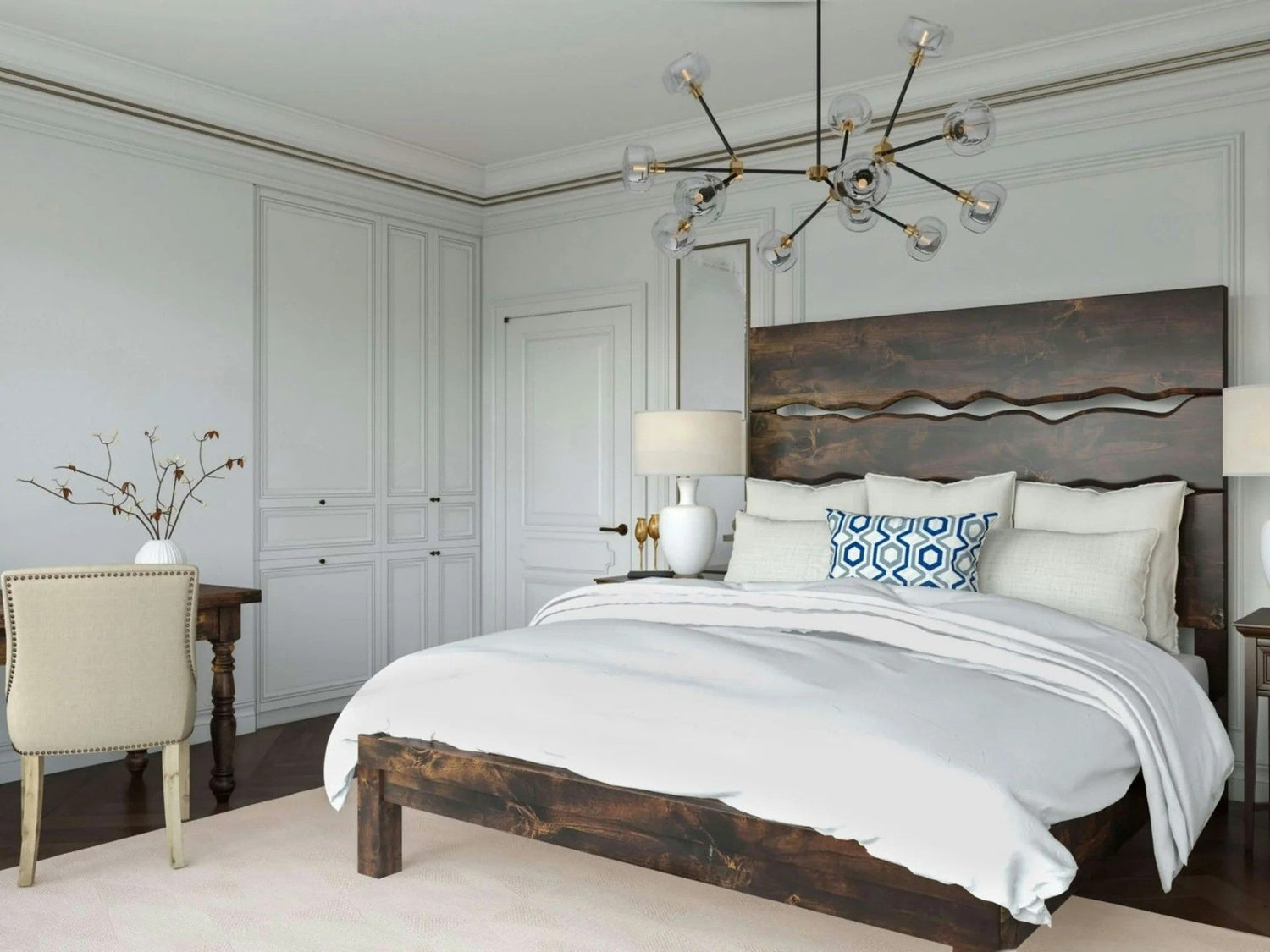Solid wood bed frame with bold headboard design in a modern bedroom, illustrating size and style considerations when choosing between king and California king beds.  
