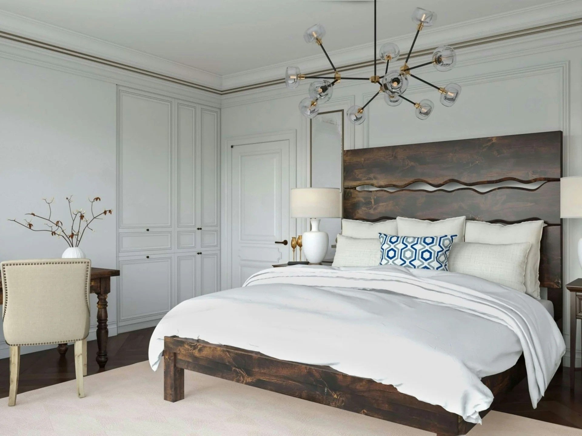 Solid wood bed frame with bold headboard design in a modern bedroom, illustrating size and style considerations when choosing between king and California king beds.  