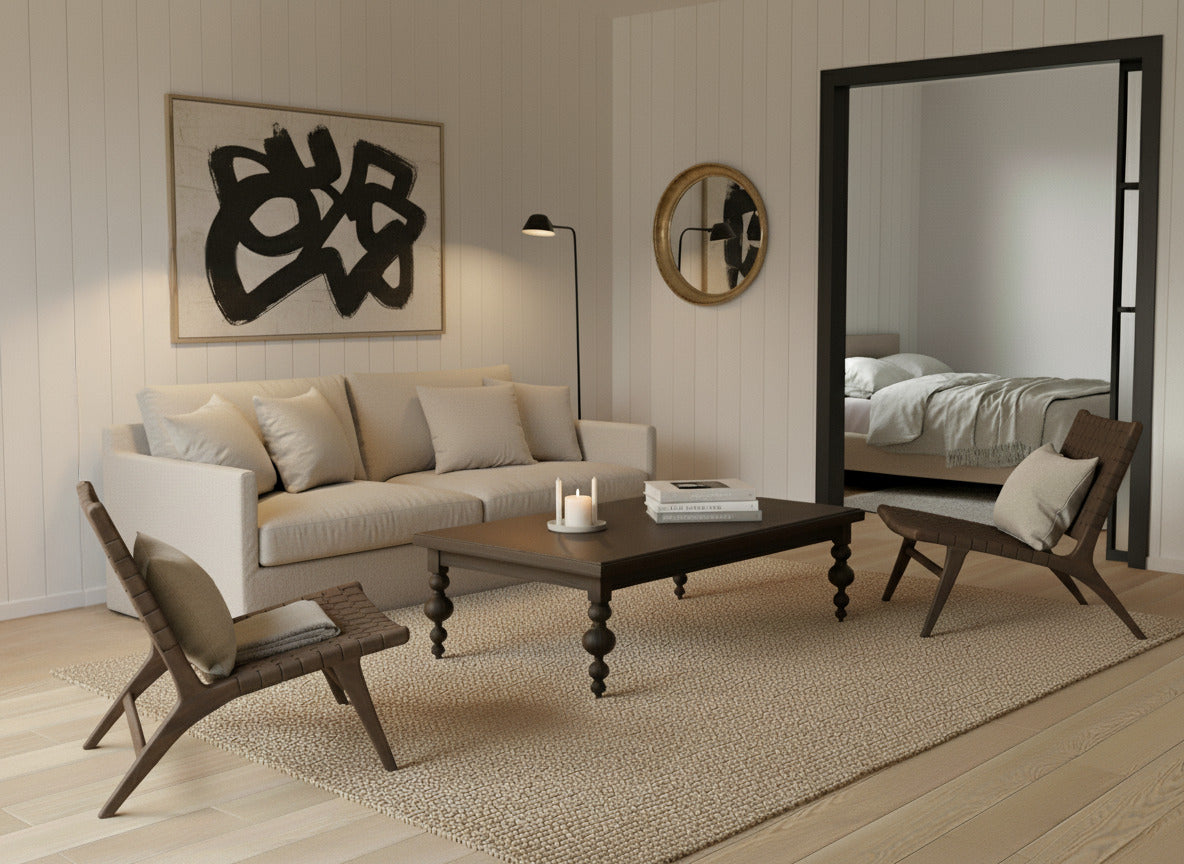 A modern living room features two tan leather sofas with a dark wood coffee table and black metal frame between them. On the table is a vase with green plants. The floor is covered with a patterned area rug.