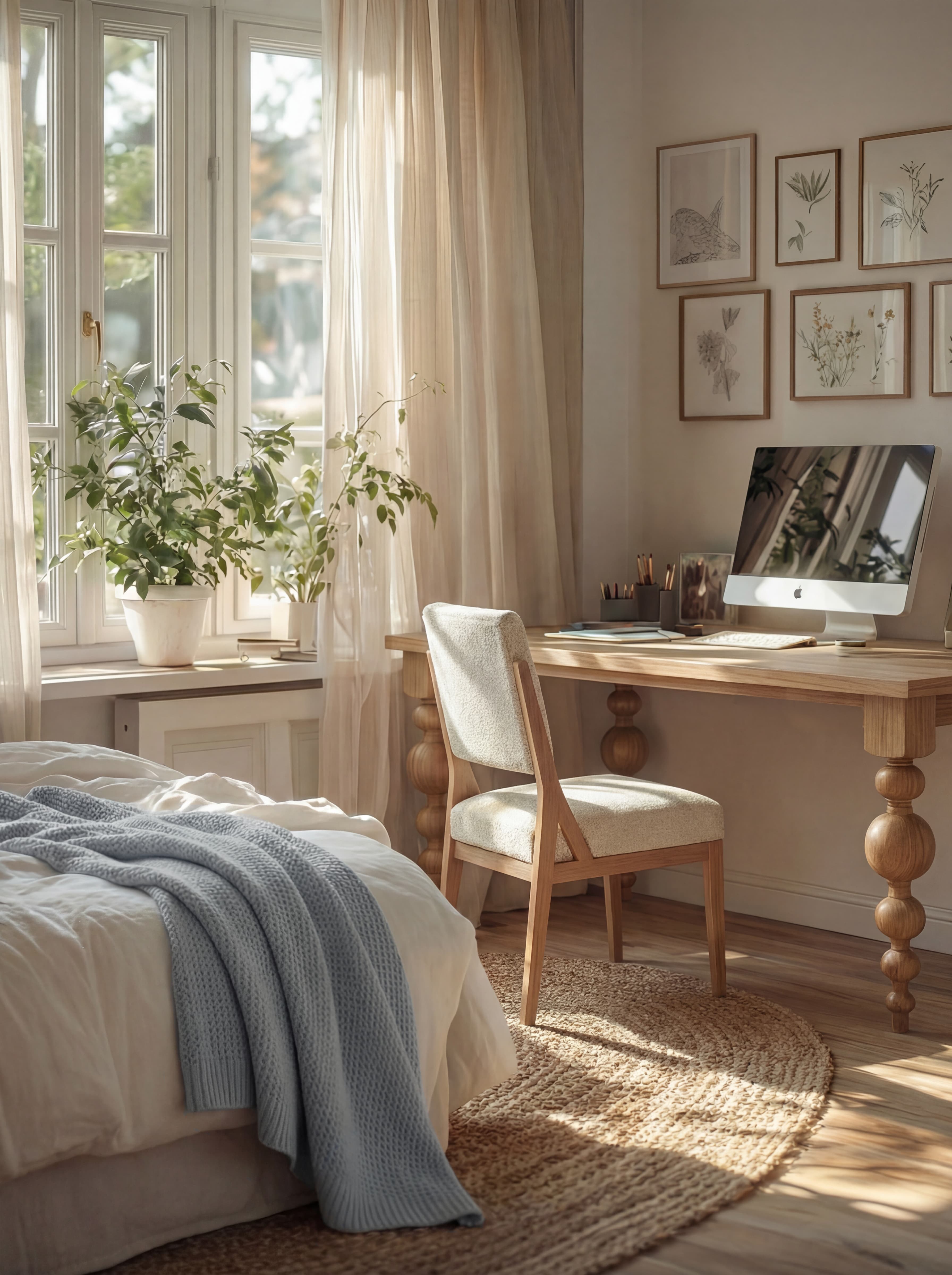A cozy home office features a dark wooden desk with books and decor, a cushioned chair, built-in shelves filled with plants and vases, a beige lamp, and a colorful patterned rug on light wood flooring.