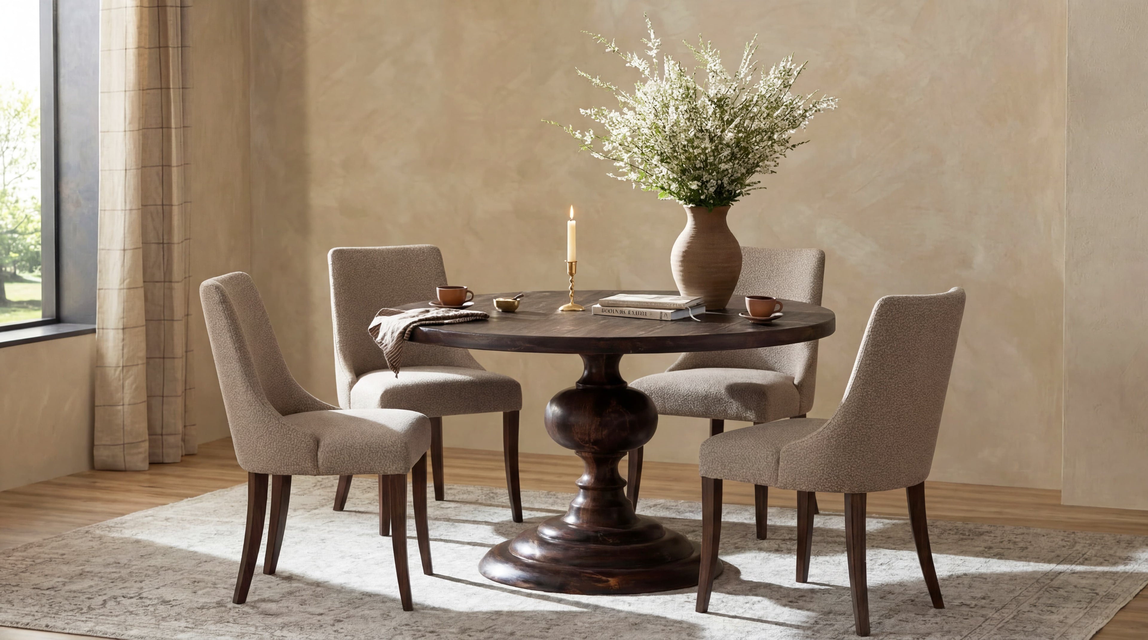 A cozy library with tall bookshelves, a round table set with cups and a teapot, four chairs, and a blanket draped over one chair. Sunlight streams in from a large window, brightening the room.