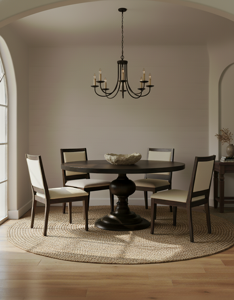 A cozy library with tall bookshelves, a round table set with cups and a teapot, four chairs, and a blanket draped over one chair. Sunlight streams in from a large window, brightening the room.