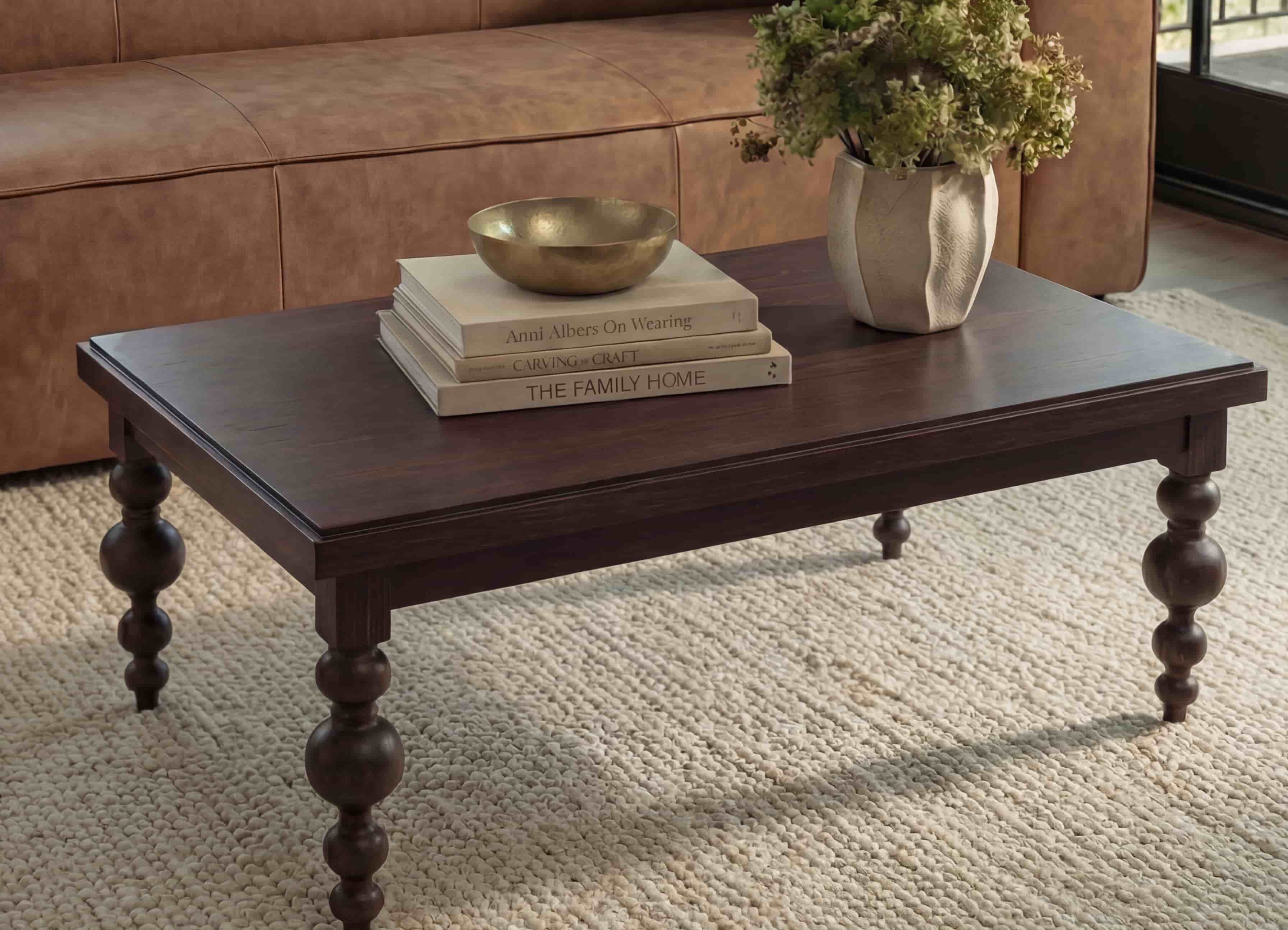 A modern dining room features a wooden table with six dark chairs, a textured plant, abstract artwork, and a sleek chandelier. A rug lies underneath, complementing the sophisticated decor.