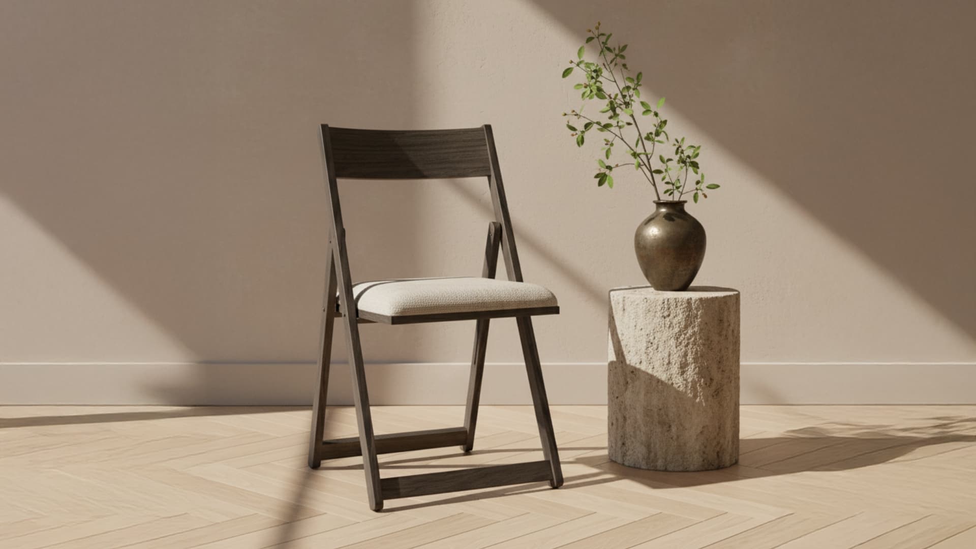 A dining room with a dark wooden table, six cushioned chairs, neutral decor, a vase of dried flowers on the table, and soft natural light coming through sheer white curtains.