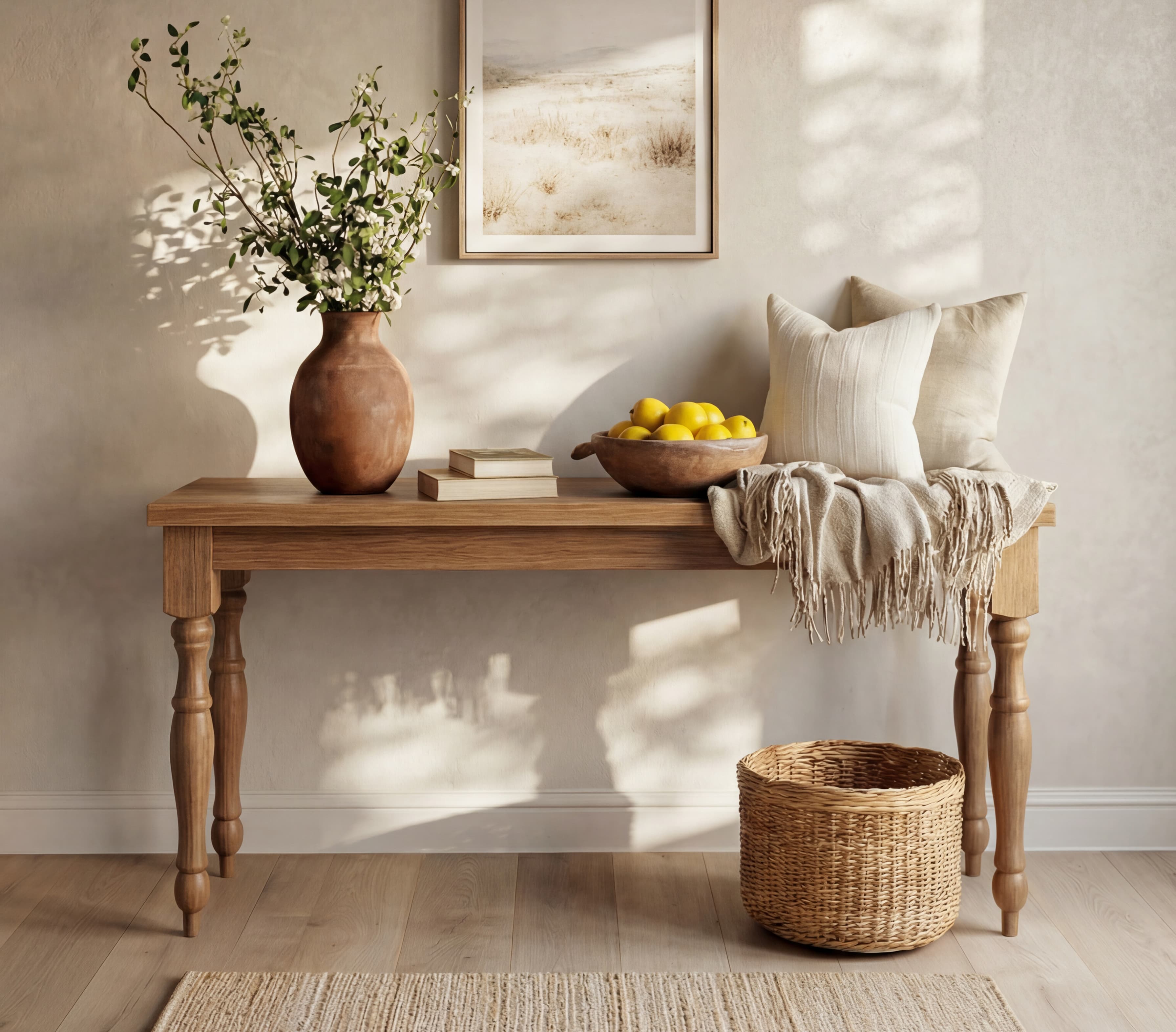 A stylish wooden console table with a metal frame stands by a wall under a large mirror. On the table are decorative items: two vases and a plant in a glass jar. Natural light streams through a nearby window, illuminating the space.