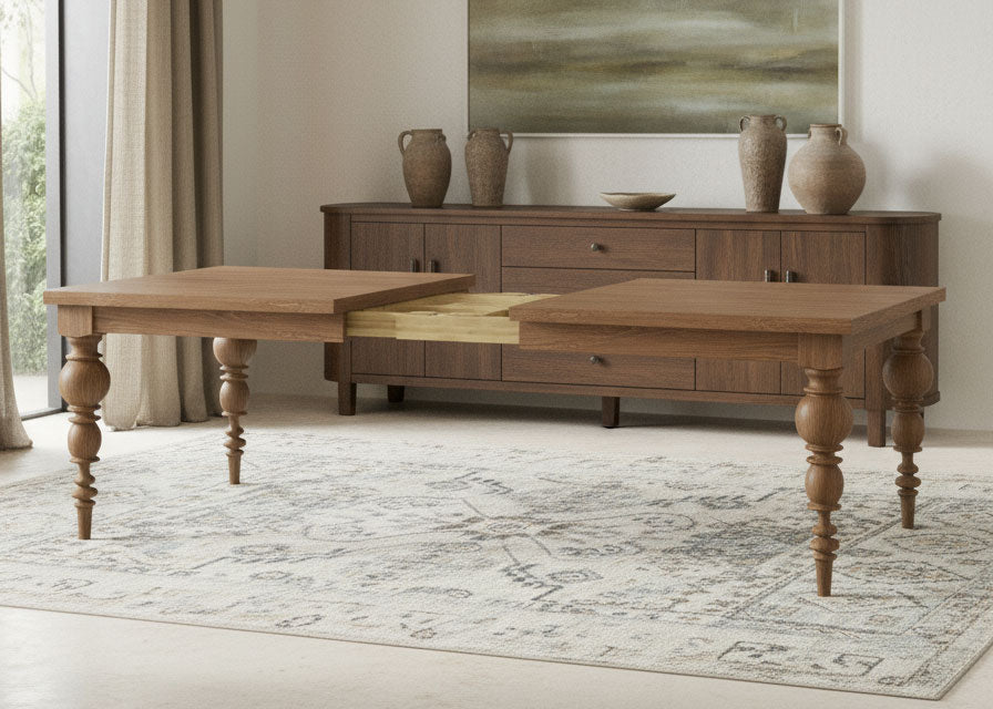 A dark wooden dining table with turned legs is partially extended, revealing a lighter wood extension mechanism in the center. The table sits on a light-colored floor against a plain wall.