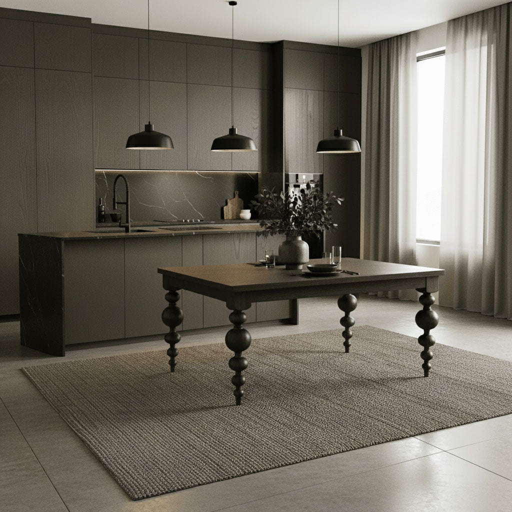 A modern dining room with a dark wooden table, six white cushioned chairs, two pendant lights, a gray rug, and a kitchen area with dark cabinets and marble backsplash in the background.