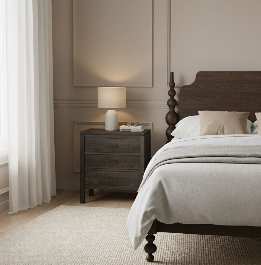 A wooden nightstand with three drawers and round handles situated next to a bed. The nightstand has a white lamp and decorative items on top. The background includes a white door and hardwood floor.