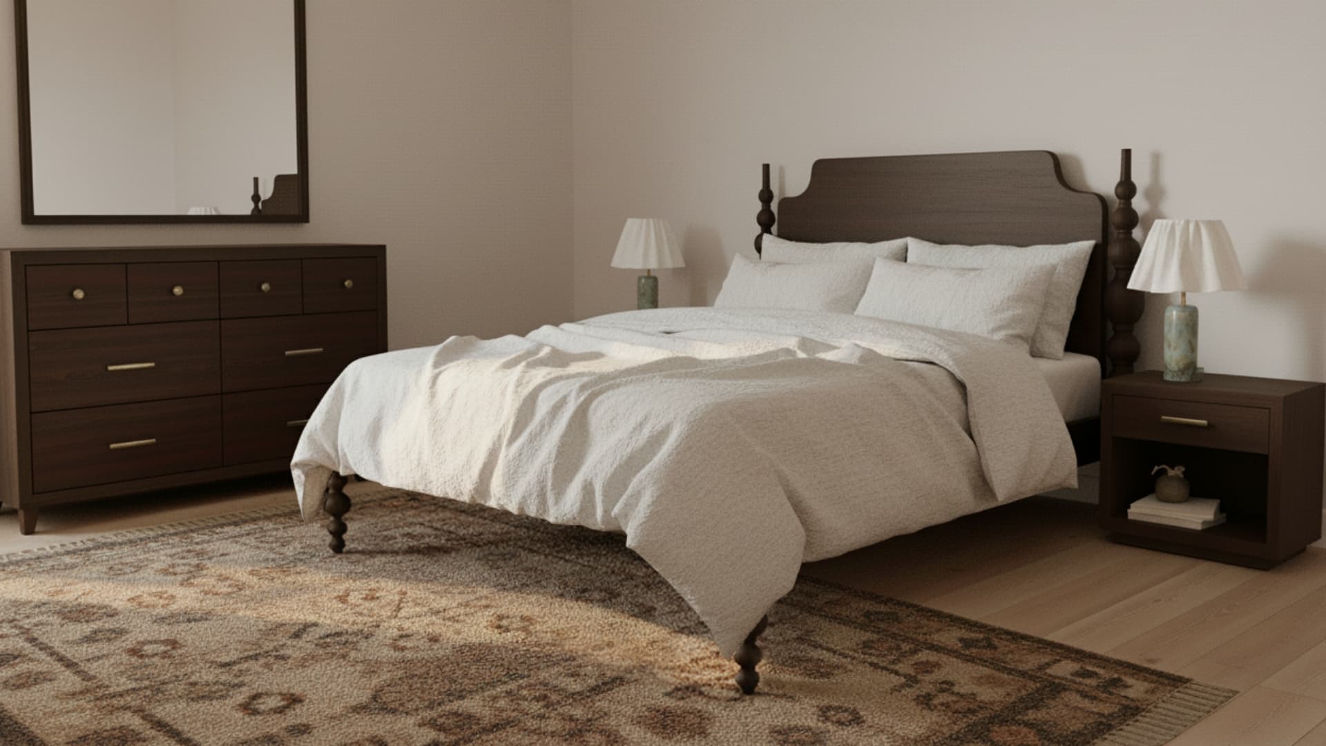 A cozy bedroom with a wooden bed frame, white bedding, and decorative pillows. Two woven bedside tables with small potted plants flank the bed. Three modern pendant lights hang above, and a large window is visible in the background.