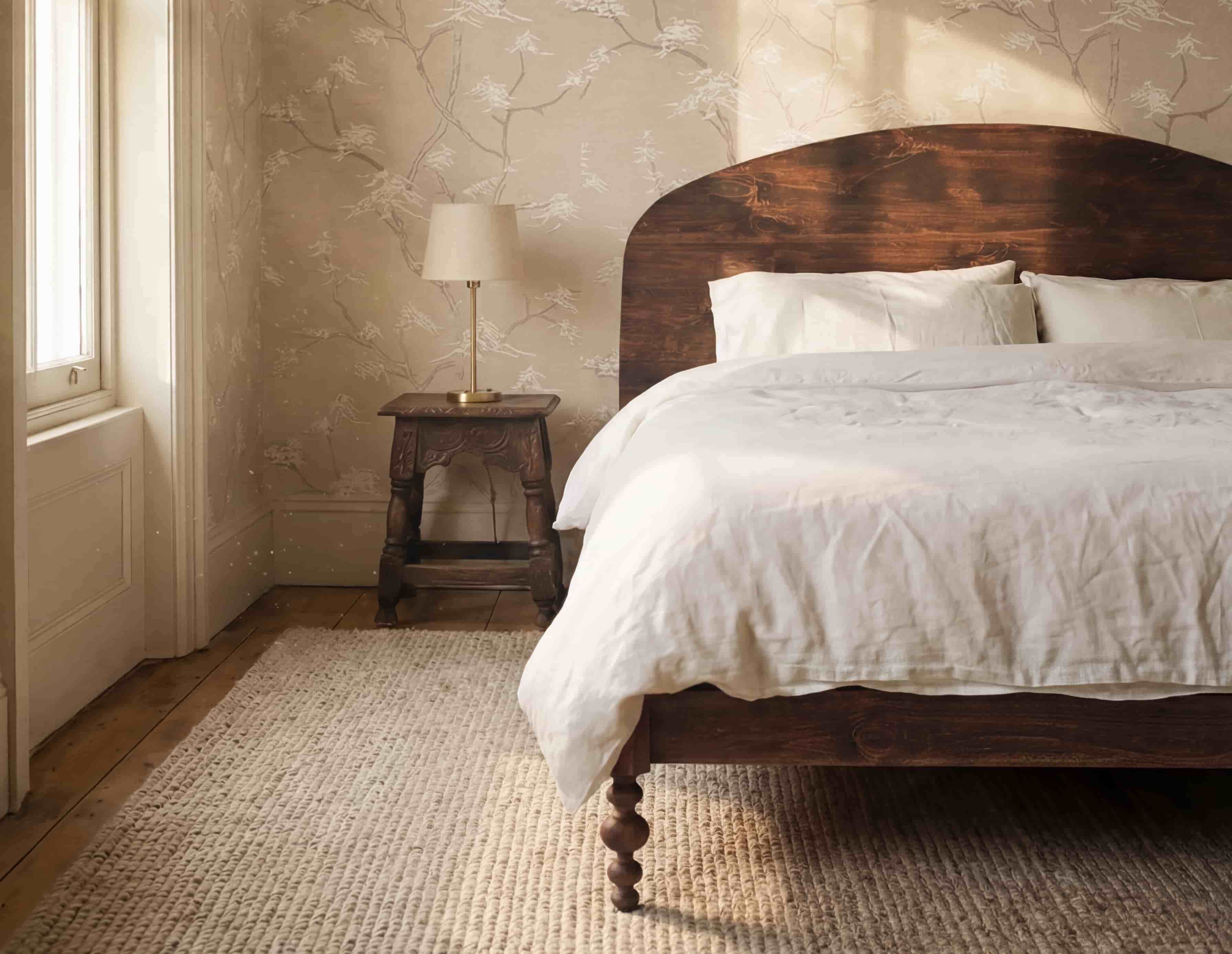 A cozy bedroom with a wooden bed, white bedding, two bedside tables with lamps, a dresser with a mirror, and a patterned rug on a light wood floor.