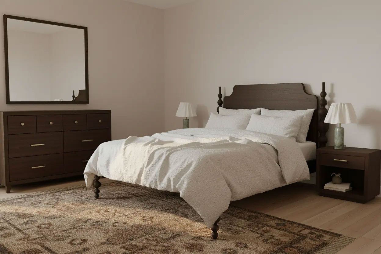 A cozy bedroom with a wooden bed, white bedding, two bedside tables with lamps, a dresser with a mirror, and a patterned rug on a light wood floor.