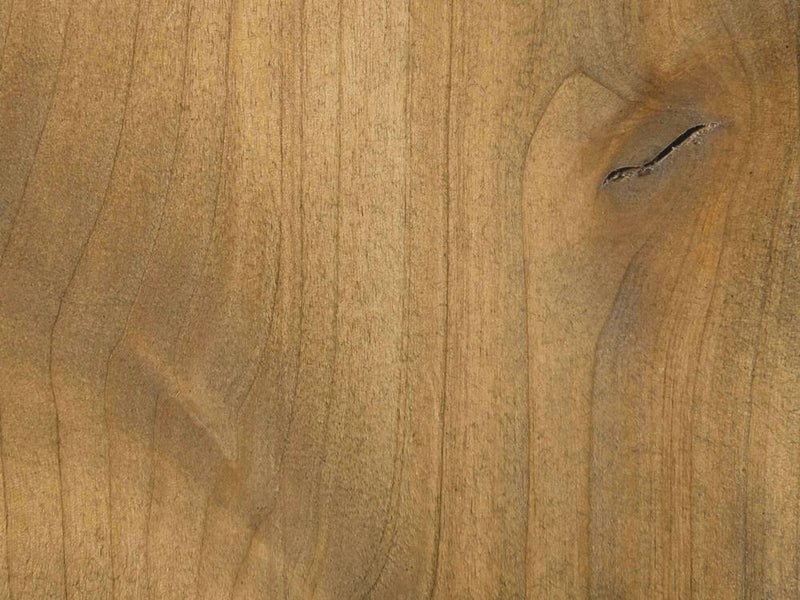Close-up of the Olivia Arch Bed - Harvest Wheat by James+James, showcasing smooth-textured light brown wood with visible grain and a small dark knot on the right side, adding character to its natural pattern.