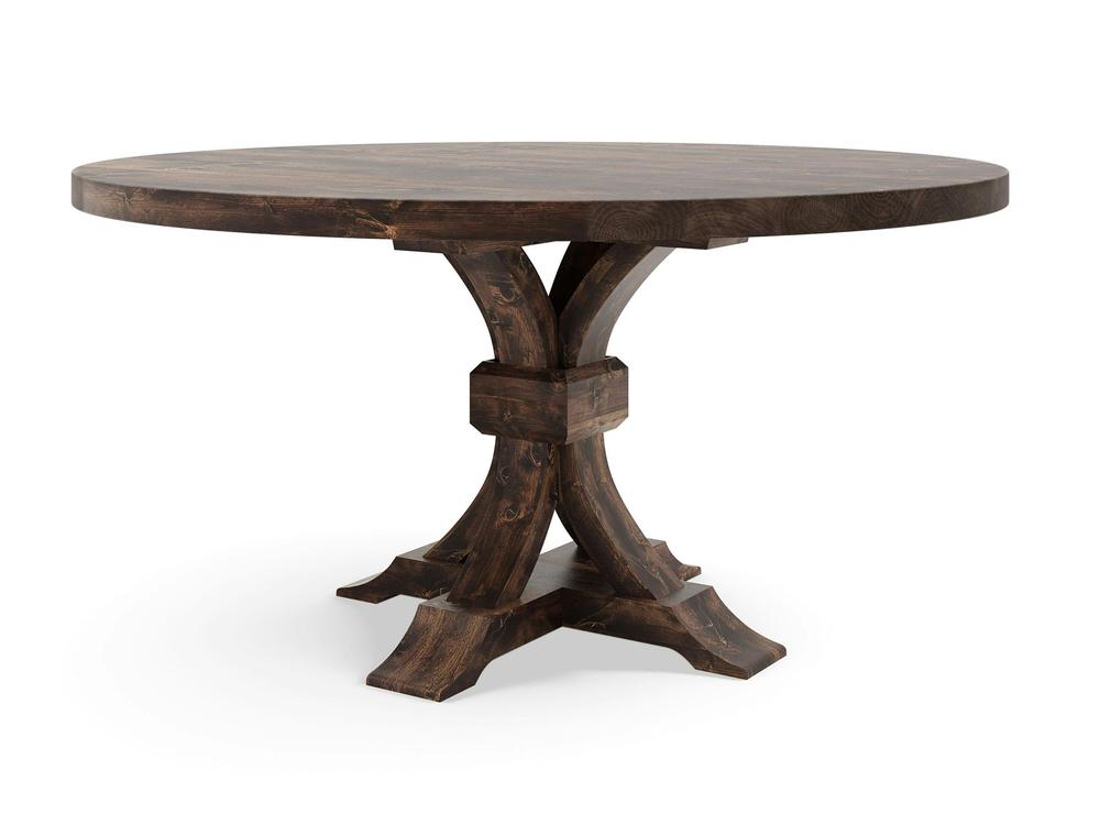 The Violet Round Dining Table - Tobacco by James+James features a round, dark wooden design with a rustic finish. This table boasts a thick, solid top and a distinctive pedestal base composed of four curved legs that connect centrally and flare out at the bottom for stability. The table is showcased on a white background.