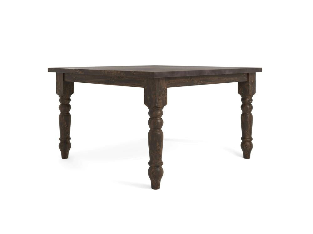 The Baluster Square Dining Table - Tobacco by James+James is a sturdy wooden table with a dark finish, featuring ornate, turned legs. The table boasts a classic and rustic design, making it ideal for a dining or kitchen area. Its surface is smooth, and the legs are detailed with intricate carvings.