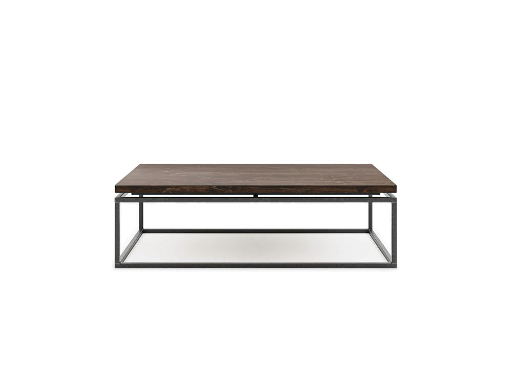 The Floating Top Coffee Table - Tobacco by James+James features a dark wooden top and a minimalist metal frame base. This modern coffee table boasts a simple design with clean lines and a spacious lower shelf, all set against a plain white background.