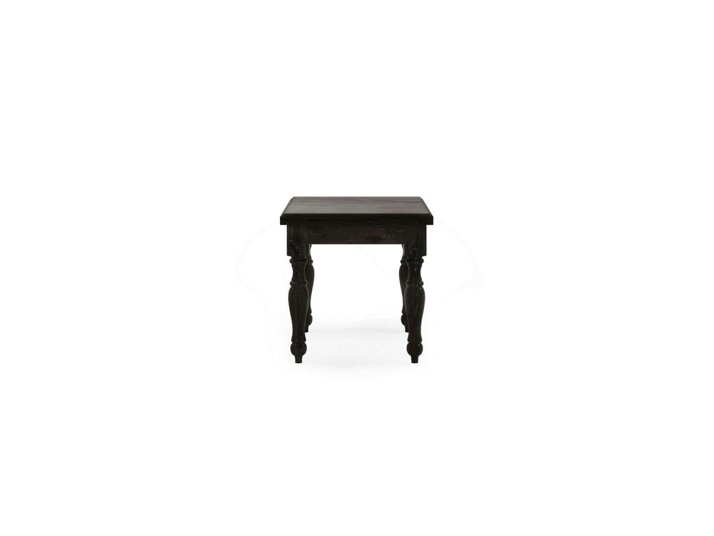 The Abigail End Table - Charred Ember by James+James is a compact, dark wooden square table with four round turned legs, viewed from the front. The table has a simple, rustic appearance, and its legs feature subtle decorative details. The white background highlights the table's deep color.