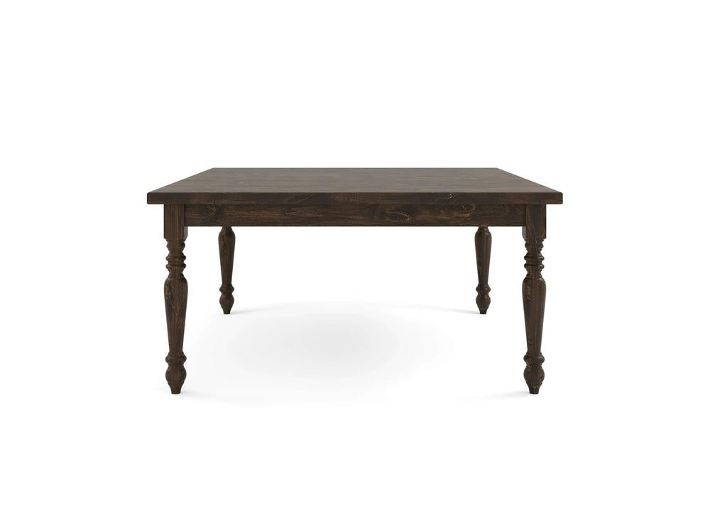 A French Country Square Dining Table - Tobacco by James+James, featuring a simple, classic design with four turned legs. The wood has a rich, stained finish, lending the table a rustic yet elegant appearance. The table is positioned against a plain white background.