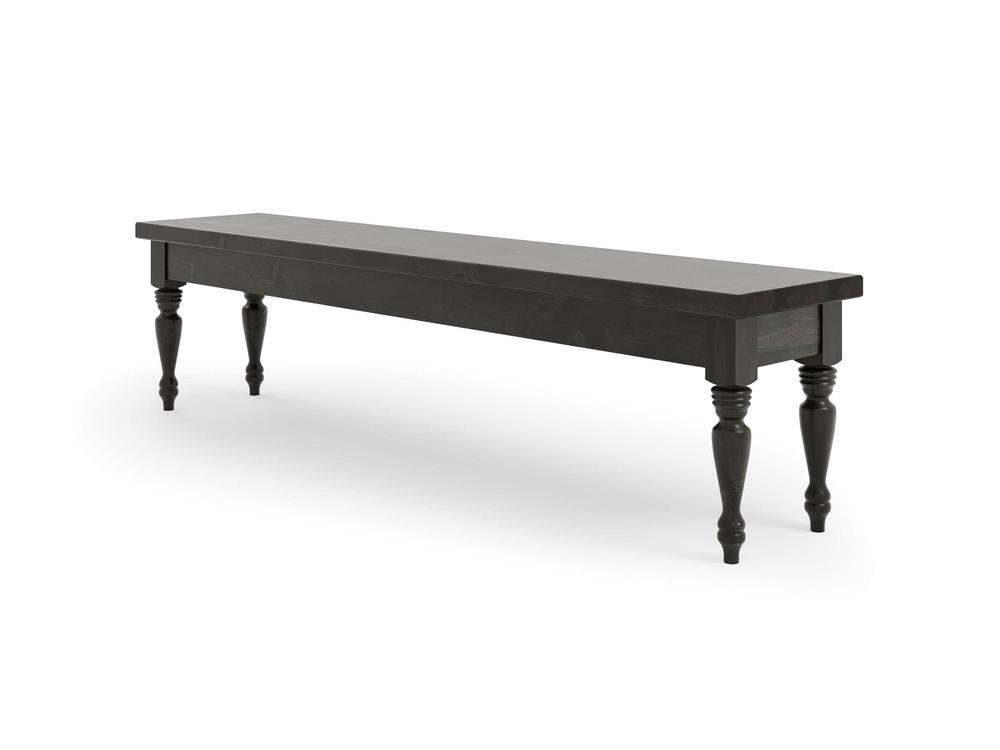 The Chateau Bench - Charred Ember by James & James is a long, dark green wooden bench with a simple rectangular seat and four intricately carved legs, set against a plain white background.