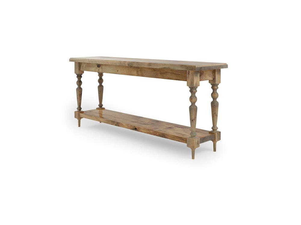 The Ella Sofa Table - Harvest Wheat by James+James is a rustic wooden console table featuring a rectangular top and bottom shelf. With its turned legs and natural wood finish, it exudes a charming vintage and farmhouse appearance.