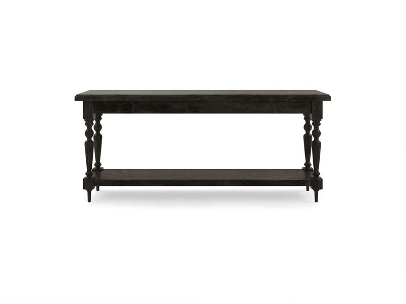 The Ella Sofa Table - Charred Ember by James+James is a black wooden console table with a flat rectangular top and an open lower shelf. This table features four decorative turned legs and boasts a simple, classic design. It is photographed against a plain white background.