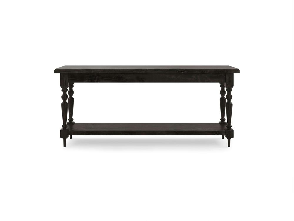 The Ella Sofa Table - Charred Ember by James+James is a black wooden console table with a flat rectangular top and an open lower shelf. This table features four decorative turned legs and boasts a simple, classic design. It is photographed against a plain white background.