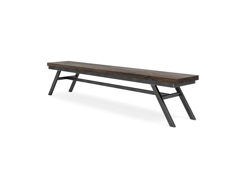 The James+James Fulton Bench - Tobacco on Alder features a modern wooden seat in dark brown with angled black metal legs, set against a plain white background.