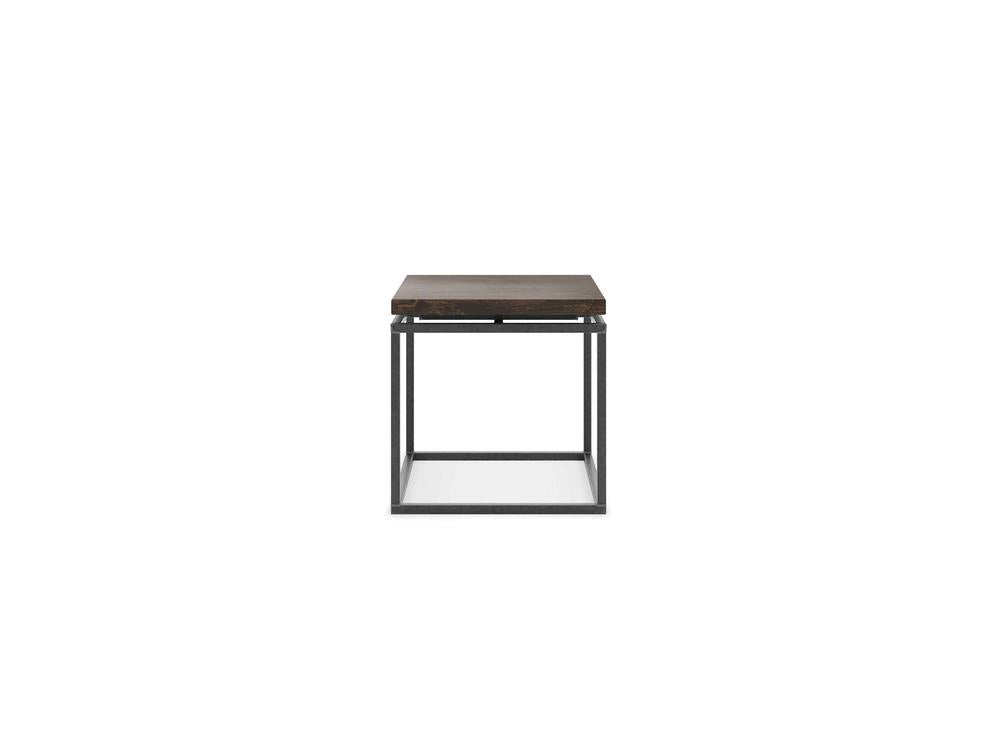 A contemporary piece from James+James, the Floating Top End Table - Tobacco features a sleek and minimalist square top crafted in dark wood, paired with an open rectangular metal frame base. Its refined design makes it an ideal addition to modern interiors.