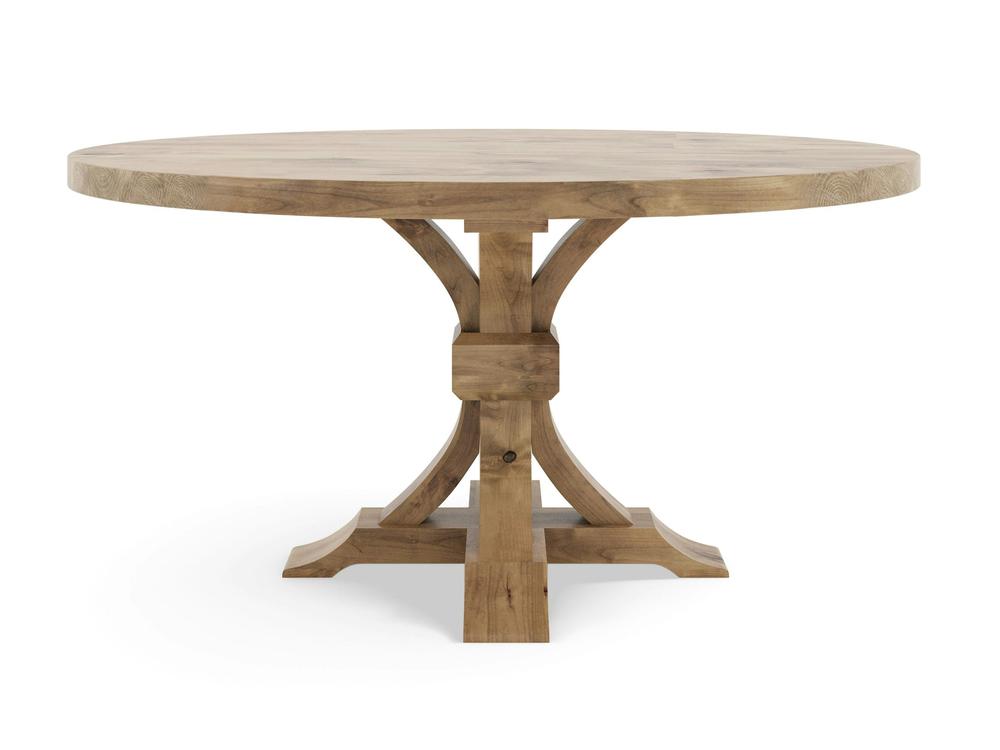 Introducing the Violet Round Dining Table in Harvest Wheat by James+James—a beautifully crafted wooden table featuring a smooth top and a sturdy, intricately designed pedestal base with elegant curved supports. The natural finish highlights its unique grain patterns, while the table stands securely on a solid, flat base.