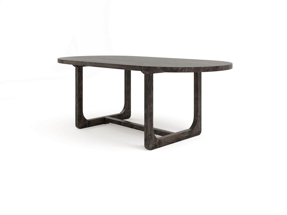 The Emersen Oval Dining Table by James+James features a dark tobacco wooden surface with a smooth top and a distinctive geometric leg design. The legs are composed of rectangular frames, providing the table with a modern and sturdy look against a plain white backdrop.