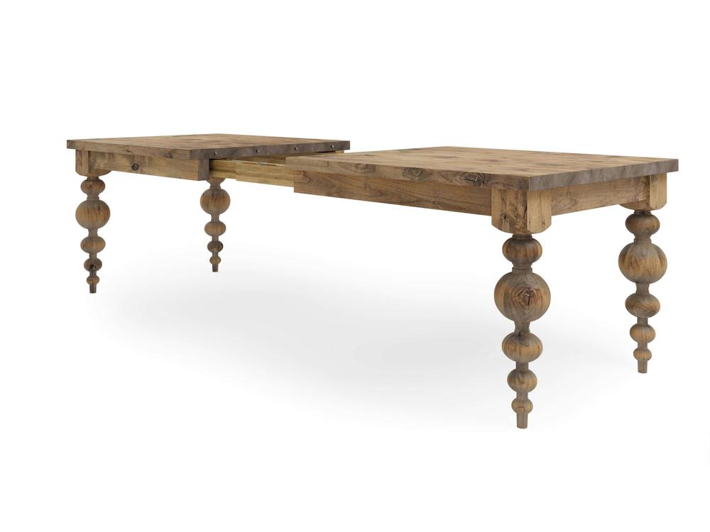 The Olivia Expandable Dining Table from James+James boasts a rustic appearance with its natural harvest wheat finish that highlights the wood grain. Featuring a rectangular top and intricately turned legs, this wooden dining table showcases a visible extension mechanism in the middle, allowing it to be easily extended.