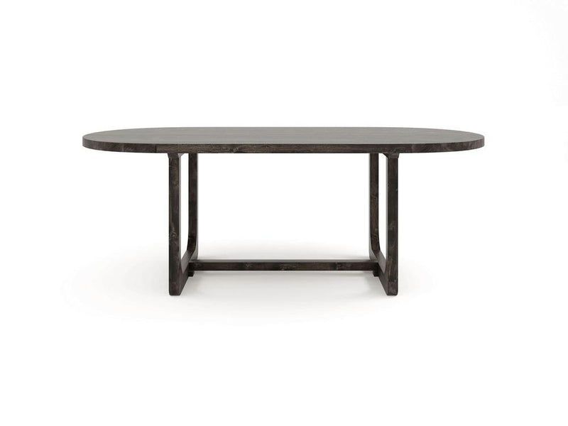 The Emersen Oval Dining Table in Tobacco by James+James features a dark wood design with rounded corners and a sturdy base composed of two parallel legs connected by a horizontal support beam, all set against a plain white background.