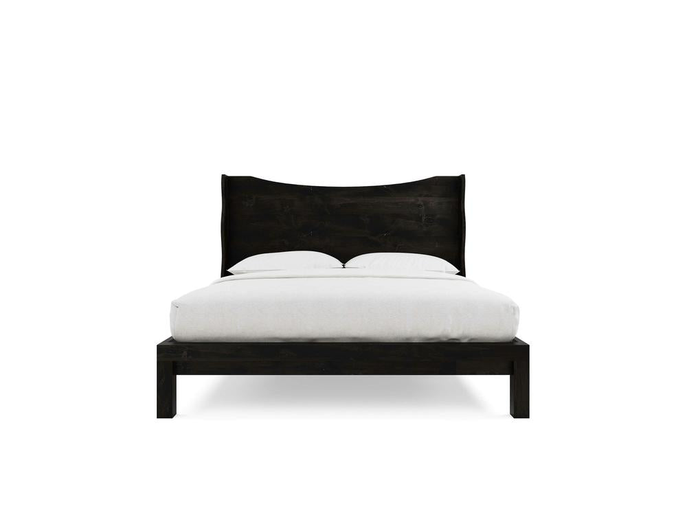 The James+James Harlow Bed in Charred Ember on Alder features a dark wooden frame and headboard, styled with white bedding and two white pillows, set against a plain white background.
