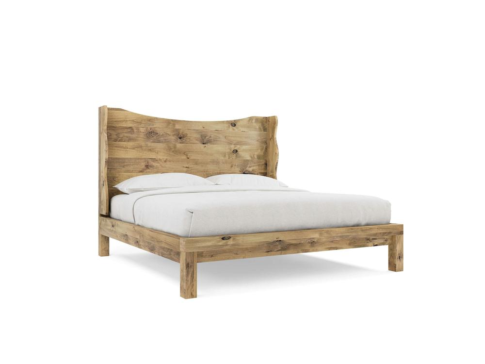 The Harlow Bed - Harvest Wheat on Alder by James+James features a tall rustic headboard, matching footboard with visible wood grain, and is styled with a white mattress, sheets, and two pillows.