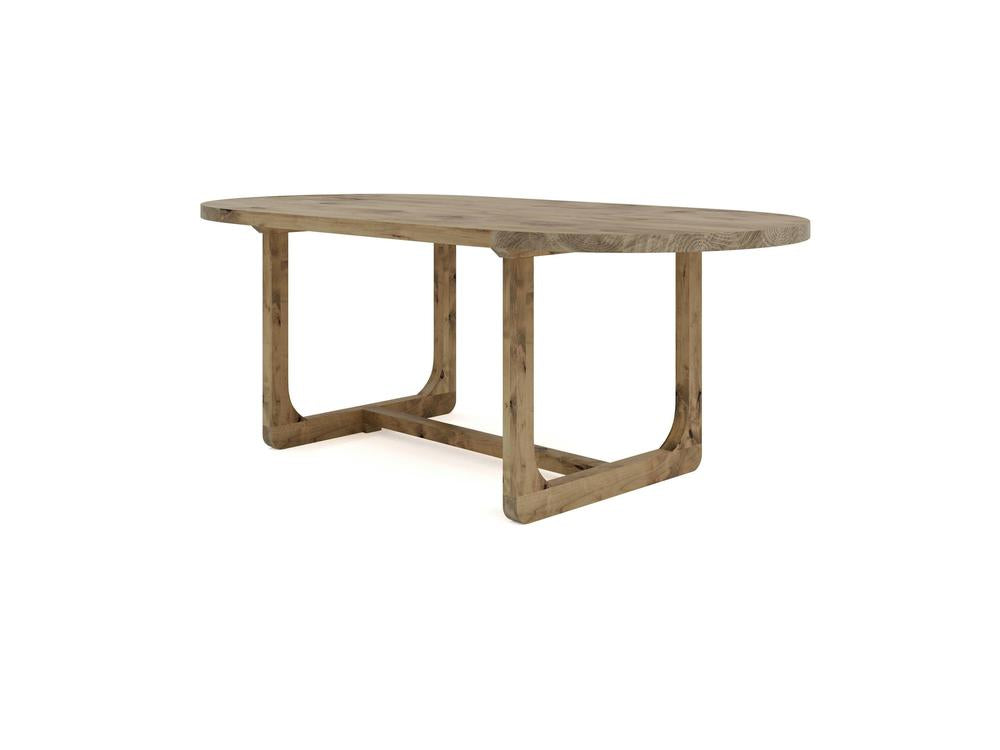 The Emersen Oval Dining Table in Harvest Wheat, crafted by James+James, showcases a wooden, oval shape with a natural finish. Its sturdy design is complemented by unique geometrically shaped legs that form a stable base. The visible wood grain enhances its rustic yet modern appearance against the plain white background.