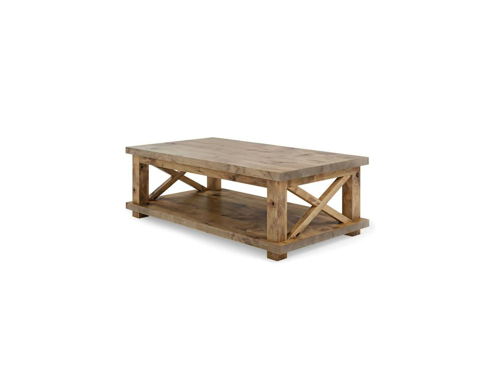 The Carter X Coffee Table - Harvest Wheat by James+James is a rustic wooden coffee table featuring a rectangular top and a lower shelf for storage. It boasts sturdy, crossed support beams on both sides, and is finished in a light harvest wheat tone that complements a variety of interior styles.