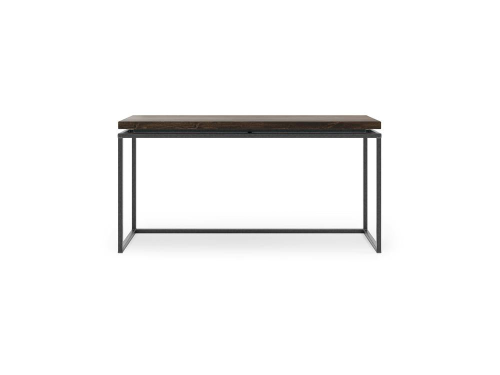 Introducing the Floating Top Sofa Table - Tobacco by James+James: a sleek, modern table with a rich, dark wooden top and minimalist metal frame. This rectangular table stands on thin black metal legs, creating an open and airy design. Its contemporary style is perfect for adding a clean and stylish touch to any work or study space.