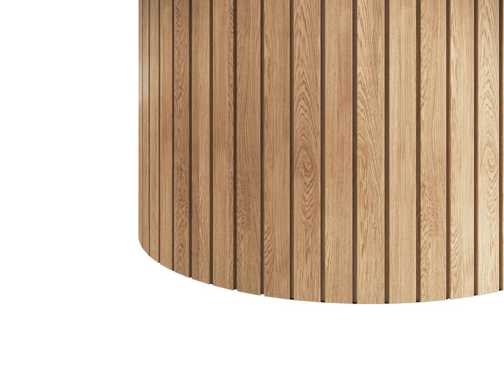 The Arthur Dining Table - Satin by James+James features a vertical panel made of light wood, showcasing a natural grain texture and evenly spaced vertical grooves. The bottom edge of the panel is curved, lending a rounded appearance. The panels are uniformly wide, presenting a clean and modern aesthetic.