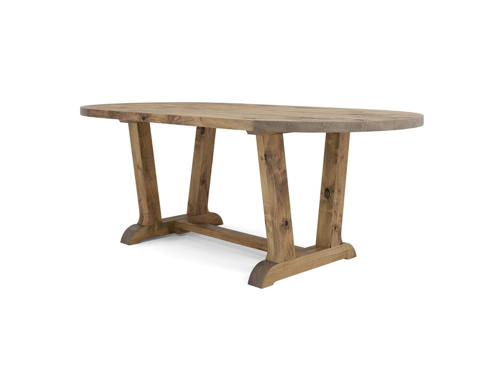 The Thaden Oval Dining Table - Harvest Wheat by James+James features an oval top and two sturdy trestle legs connected by a horizontal beam. The table boasts a natural finish that highlights the wood grain, making it an ideal piece for rustic and simple farmhouse or traditional interiors.