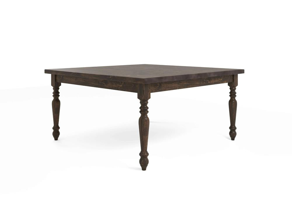 The James+James French Country Square Dining Table in Tobacco features ornate, turned legs that taper towards the bottom. This traditional, rustic-style table showcases a smooth finish on its dark wood surface, all set against a plain white background.