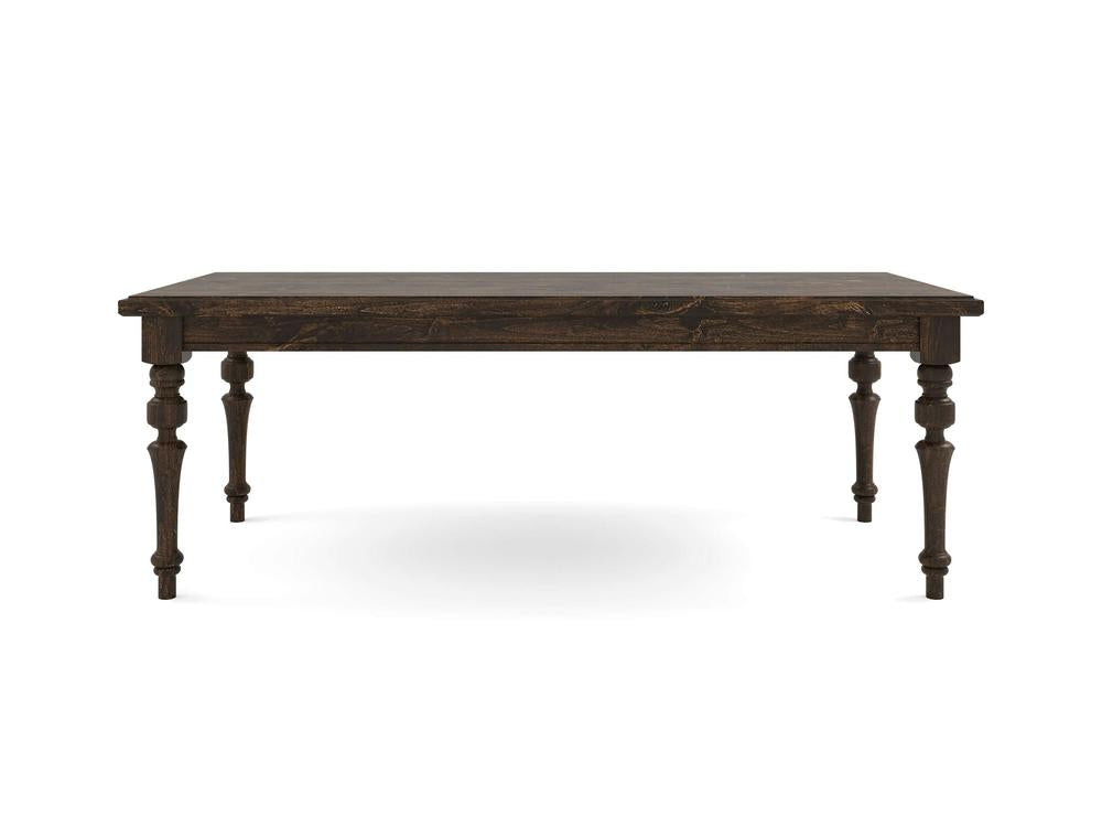 The Allyson Dining Table - Tobacco by James+James is a rectangular dark wood dining table featuring a polished surface and four turned legs, viewed from the front. The table boasts a classic design with intricate details on the legs, exuding a traditional and elegant charm.