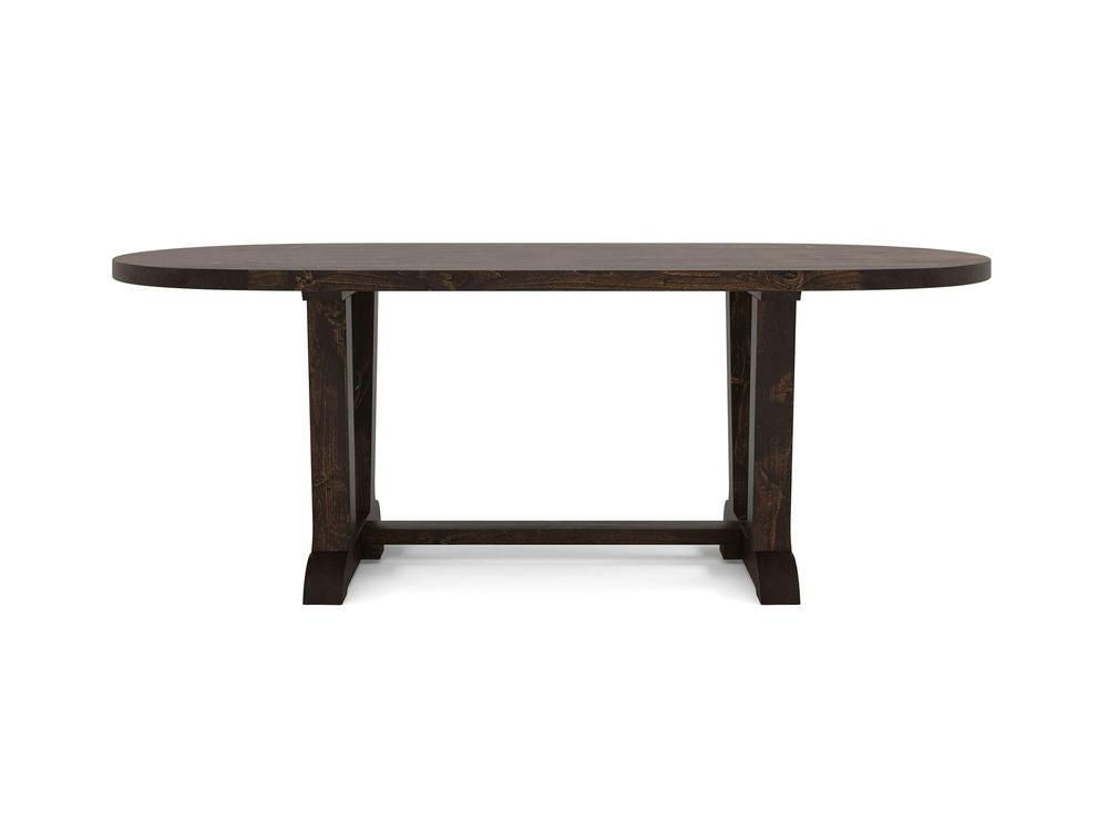 The Thaden Oval Dining Table - Tobacco by James+James is a beautifully crafted wooden dining table in a rich dark brown finish. It features an elegant oval top and is supported by two sturdy legs connected at the base with a horizontal crossbar. Its simple and functional design makes it an excellent choice for both the dining room and kitchen.