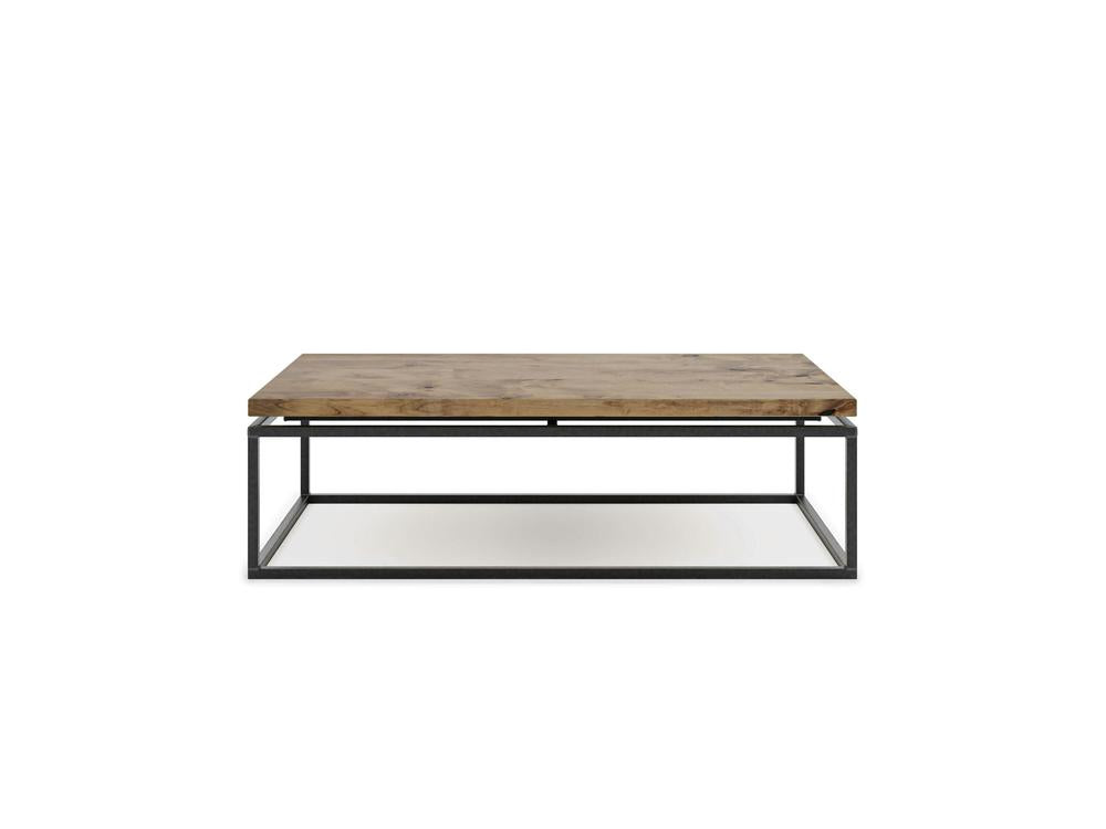 The Floating Top Coffee Table - Harvest Wheat by James+James features a rustic wooden top and a minimalist black metal frame, creating a modern rectangular centerpiece. Its simple and elegant design showcases clean lines that blend natural and industrial aesthetics, all set against a plain white background.