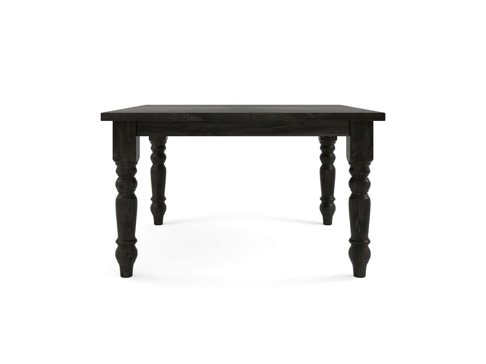 The Baluster Square Dining Table - Charred Ember by James+James features a dark wood finish with a polished, flat surface and four ornate, turned legs. Its traditional, elegant design and sturdy appearance make it perfect for either a dining or kitchen area. The plain white background highlights the table's intricate details beautifully.